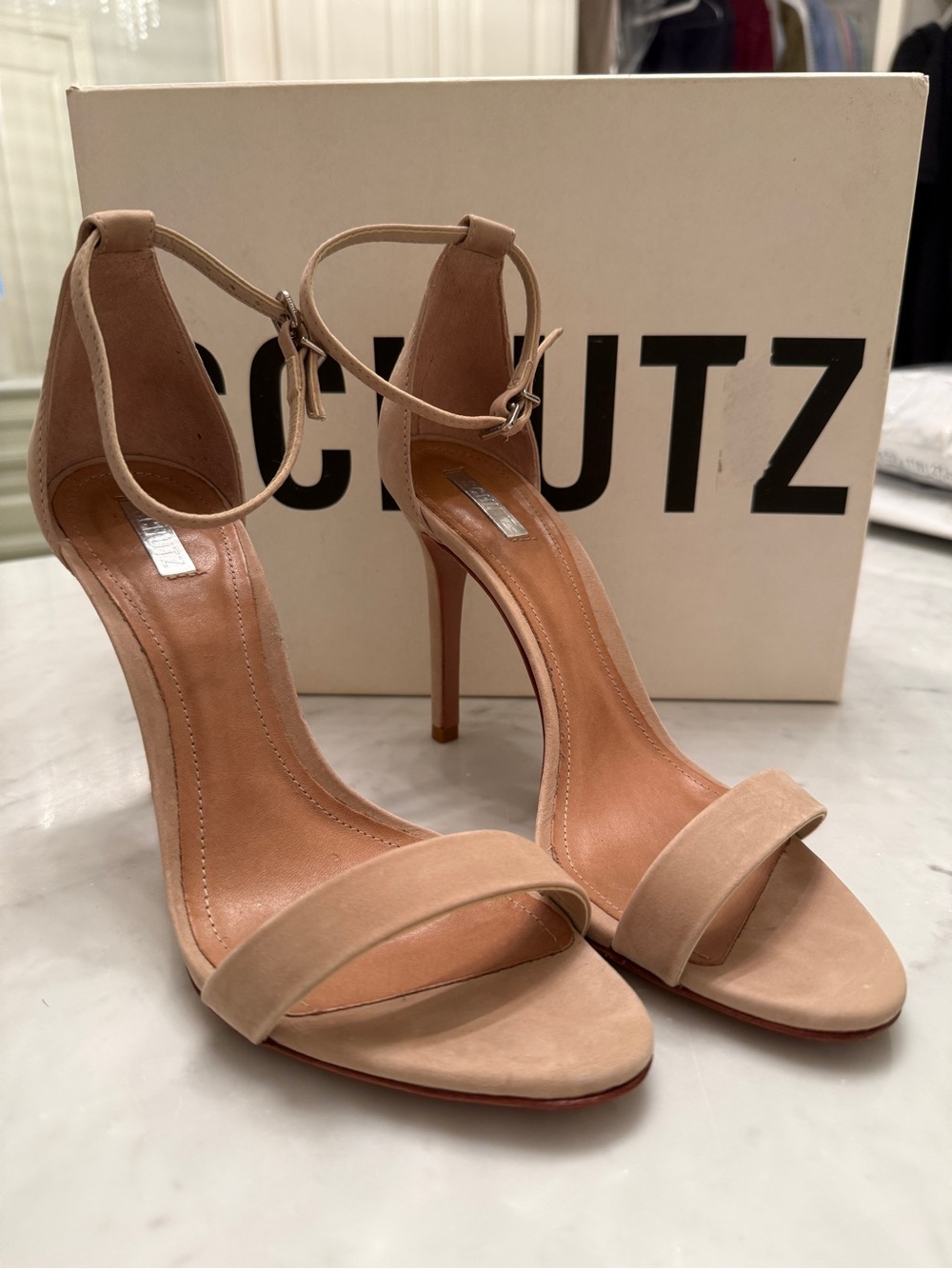 SCHUTZ Blush Nude Suede Ankle-Strap Stiletto Sandals